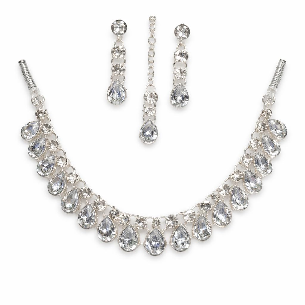 Illusion Crystal Teardrop Necklace Set with Earrings & Maang Tikka | Silver-Toned Bridal & Festive Jewellery for Women & Girls