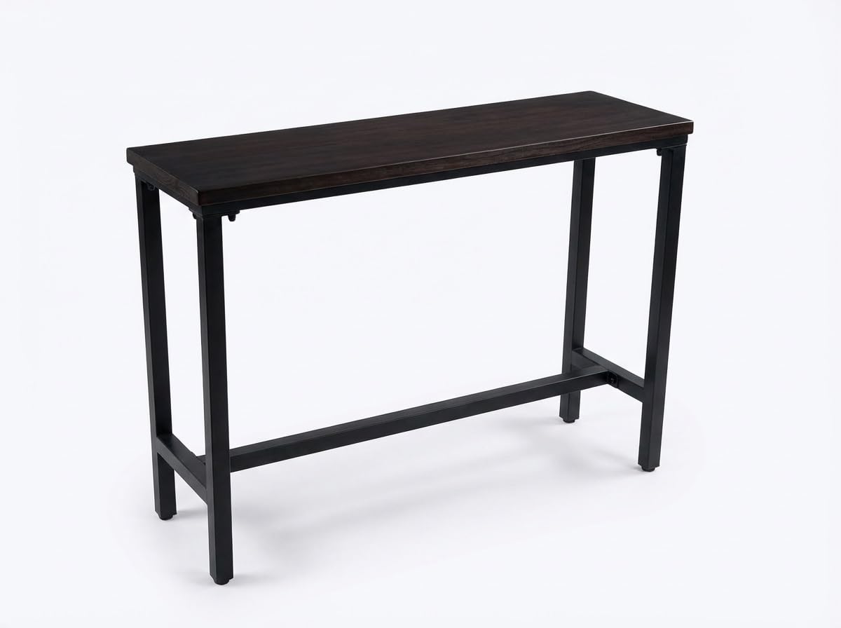 Table de bar en bois massif de 2 cm d'épaisseur pour cuisine, petit déjeuner, bar, pub, salle à manger, table haute avec cadre en métal, couleur châtaigne, supporte 150 kg, parfaite pour la maison et