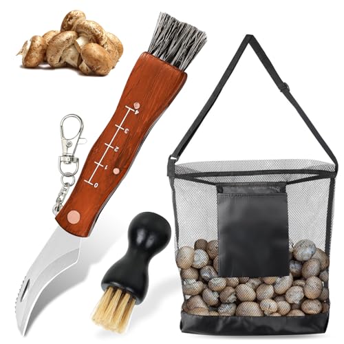 Cuchillo de seta con cepillo y bolsa – Navaja plegable de acero inoxidable con mango de madera y llavero, cuchillo de esponja, incluye bolsa de lona, regalo para recolectores de setas y buscadores de