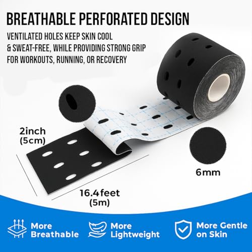 Image of PulseITSportsTape Kinesiology Tape- Waterproof & Sweatproof Sports Tape for Muscle Support, Pain Relief & Injury Recovery | Athletic Physio Tape for Knee, Shoulder, Ankle. 5cm x 5m (With Holes, Black)