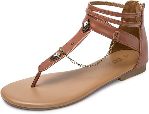 Colgo Thong Flat Sandals with Chain, Ankle Strap Zip Closure Flat Sandals, Womens Casual Sandals for Summer Party