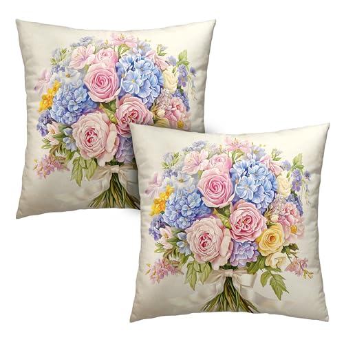 Kwlegh Spring Summer Floral Pillow Covers 18x18 Pink Rose Blue Hydrangea Throw Pillow Covers Exquisite Bouquet Pillow Case Flowers Cushion Case for Living Room Couch Sofa 2 Pack