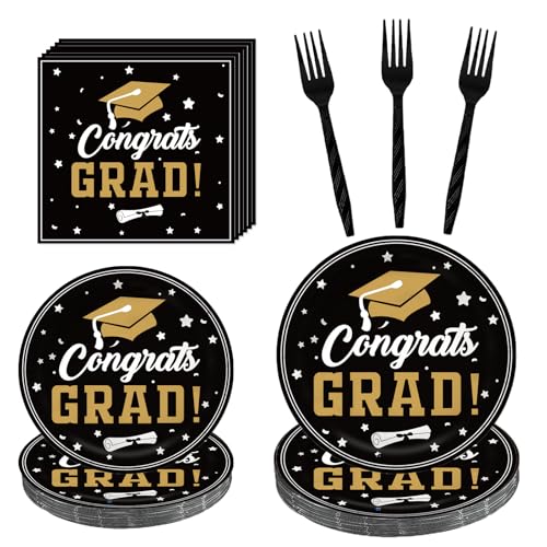 2025 Graduation Party Dinnerware Black Disposable dinner paper plates dessert paper plates and Napkins Graduation decorations for Congrats Grad Party Decorations, Serve 24