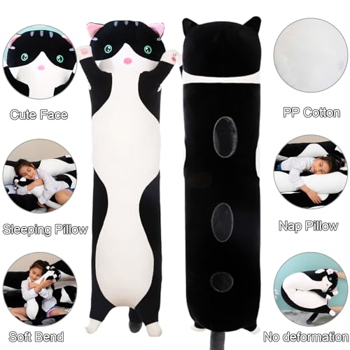 Image of Giant Cat Pillow Plush Cartoon Kitty Sleeping Hugging Pillow, Cuddly Soft Long Kitten Body Pillow Doll Cat Cushion Toy for Kids Girlfriend (Black, 150cm /59inch)