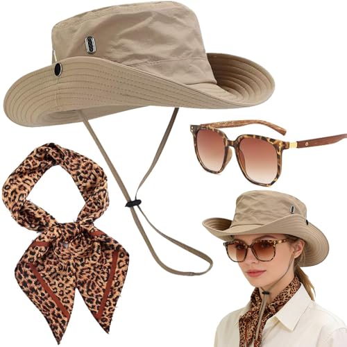 ZhengYuFa Safari Costume Women, 4 PCS Zoo Keeper Costume Adult Includes Safari Hat Outfit Accessories, Leopard Print Scarf, Light-Proof Glasses, Rave Party