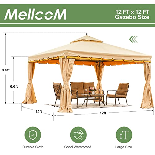 Mellcom 12’X 12’ Outdoor Gazebo Canopy, Aluminum Frame Soft Top Outdoor Patio Gazebo With Polyester Curtains And Air Venting Screens Beige #TOP1