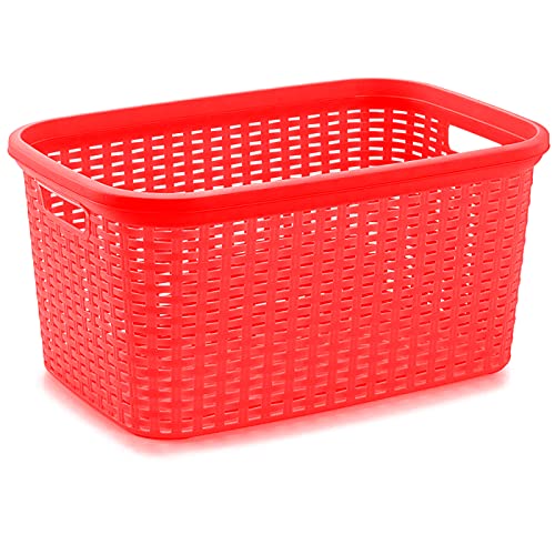 Tradineur - Cesta Colada Rectangular de plástico - Fabricado en España - Capacidad de 35 litros - Estilo Mimbre - 53,5 x 36 x 26,5 cm - Color Rojo