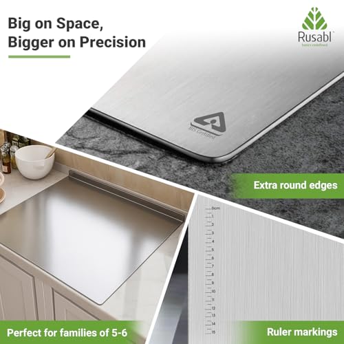 Image of Rusabl L-Shaped Steel Chopping Board for Kitchen, L-Shape, 36 x 28 x 0.1 cm | BIS Certified, 304 Food-Grade, Anti-Rust, Cutting Veggies, Kneading Dough