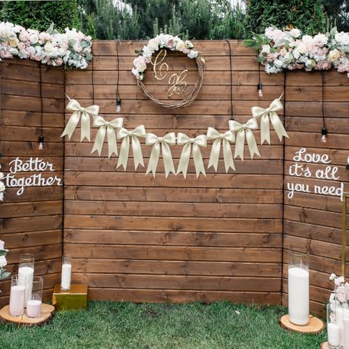 Image of 1 String of 8PCS Ivory White Bow Garland Banner Decoration,Pre-Strung Satin Ribbon Ornaments for Birthday,Bachelorette Party,Bridal Shower,Wedding,Engagement,Baby Shower,Graduation Decor,Anniversary