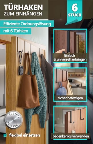 4smile Türhaken zum Einhängen, 6er Set - Schwarze Kleiderhaken an Tür, flexible Haken zum Einhängen, platzsparend - Robuste Türgarderobe, Türhakenleiste mit hoher Tragkraft