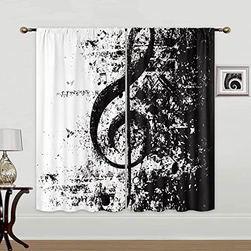 Mitpok Music Note Curtains 42" W X 63" H Inches Rod Pocket Musical Clef Vintage Instrument Rhythm Song Art Rustic Black And White 2 Panel Window Treatment Set For Bedroom Living Room Decor #TOP1