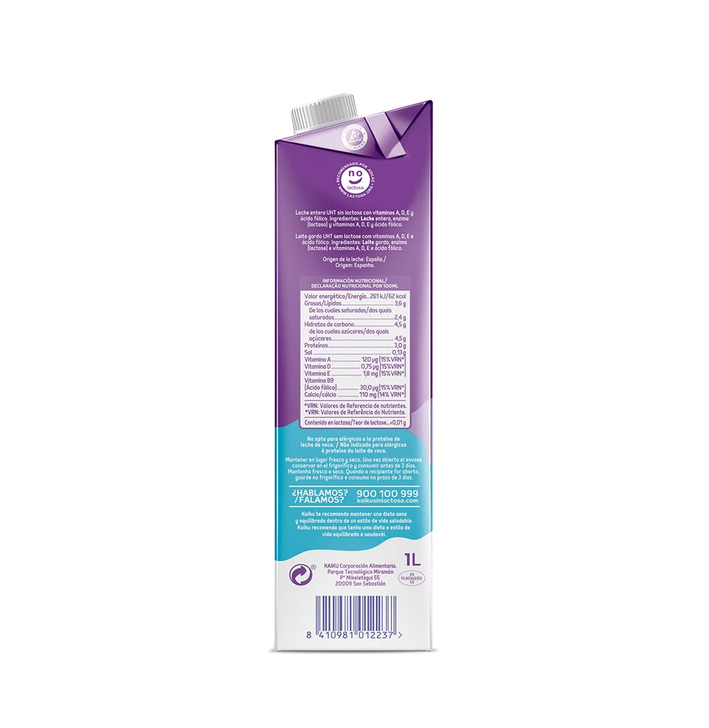 Kaiku Leche Sin Lactosa Entera 6 x 1000ml 6000ml