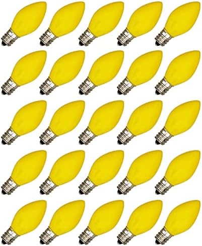 Box of 25 Light Bulbs -Opaque Yellow, Steady Burning, 7 Watt, C7 -E12 Candelabra Base -Great for Night Lights, Decorative Lights and Christmas Strings