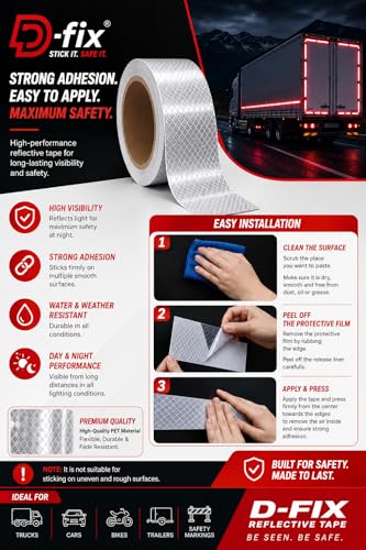Image of D-fix High Intensity Radium Reflective Tape - 5 Meters in Length - 48mm / 2 inch Width - 1 Roll Per Pack - Car Bike and commercial vehicles Conspicuity reflective warning Tape Reflective tape White