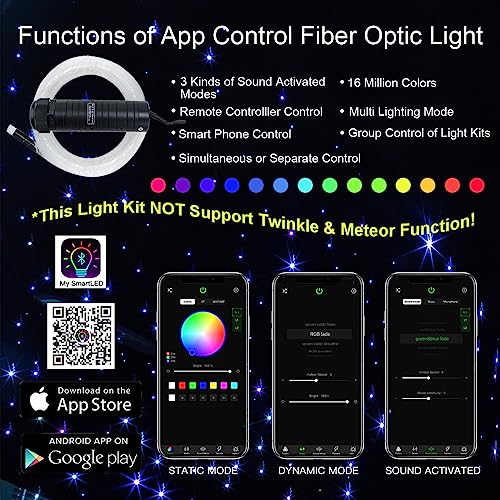 Akepo Upgraded App 6W Fiber Optic Lights Music Control Star Ceiling Light Kit For Home & Car, Rgbw Sound Sensor Light Source With 28Key Rf Musical Remote+Fiber Cable 200Pcs 0.03In/0.75Mm 6.5Ft/2M #TOP2