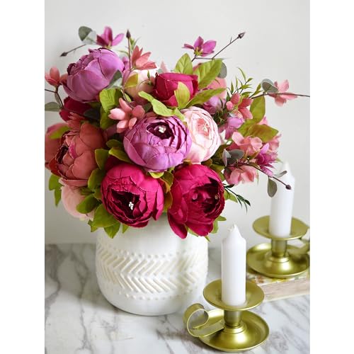 Image of FiveSeasonStuff Mystic Blush Silk Peony & Hydrangea Bouquet with 2 Gold Taper Candle Holders; Vintage-Inspired Artificial Flowers for Weddings & Home Decor