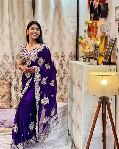 Image of Yashika Women's Organza Satin Butti Work With Zari Lace Border Embroidered Saree| Women Sari