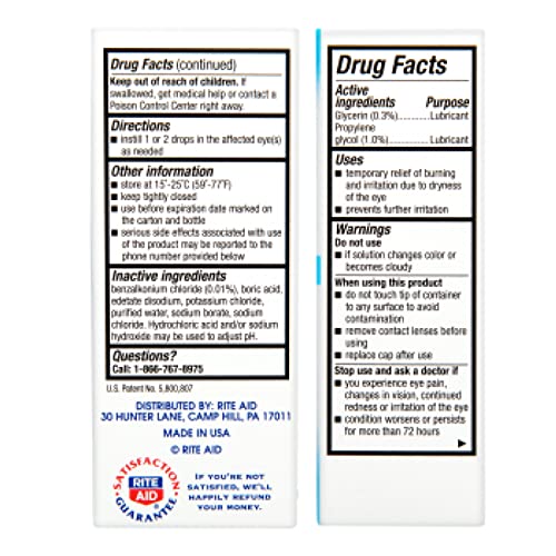 Rite Aid Artificial Tears, Polyethylene Glycol Lubricant Eye Drops - 1 oz | Eye Lubricant Drops for Dry Eyes | Dry Eye Formula | Eye Care for Age-Related Dry Eyes | Replenishes Tears & Refreshes Eyes