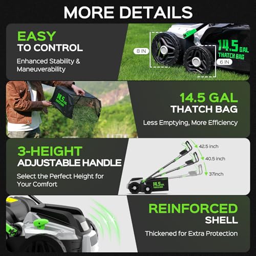 TIECTOWN 16-Inch 15.5 Amp 2-in-1 Electric Dethatcher and Scarifier with 14.5-Gallon Collection Bag, Lawn Dethatcher with 5-Position Depth Adjustment, Blade Replacement Without Tool - Green by TIECTOWN - Image 7