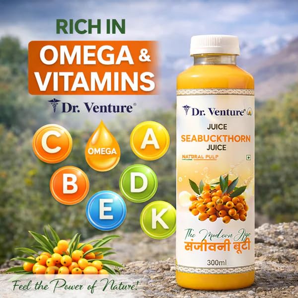 Image of Dr. Venture Seabuckthorn Juice 300ml with Natural Pulp | No Added Sugar | Rich in Omega 3, 6, 7 & 9 | Vitamin A, B, C, D, E & K | Daily Wellness & Energy Support Drink