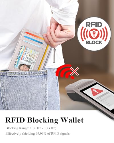 Image of Teskyer Slim RFID Wallet for Women, Small Card Holder with Zip Pocket, Beige, 3.5 inch x 4.7 inch, Minimalist | Zip Pocket for Cash Coin, 1 ID Window & 7 Card Slots, Ultra Slim Design, D-Ring for Neck Lanyard, for Daily Carry and Travel