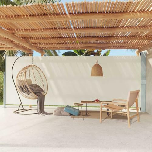 Mokuyary Seitenmarkise, einziehbar, 200 x 600 cm, cremefarben, Seitenmarkise für den Außenbereich, schützt vor Sonne oder Wind, Sichtschutz für Garten, Balkon, Terrasse