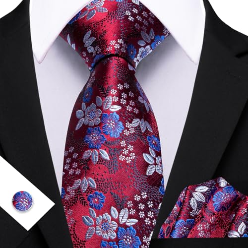 Image of Barry.Wang Flower Ties for Men Handkerchief Cufflinks Set Wedding Necktie Set Party