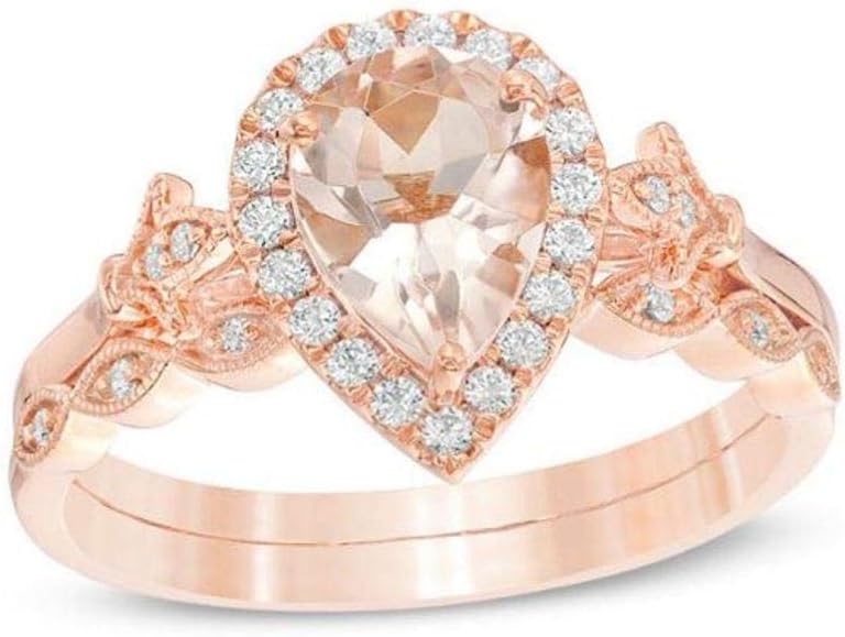 14k Rose Gold Finish 925 Sterling Silver Pear Shape Morganite & Round Cubic Zirconia Bridal Engagement Ring Set