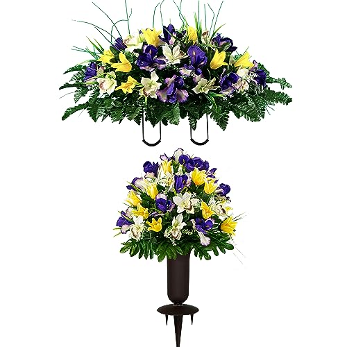 Sympathy Silks Artificial Cemetery Flowers - Grave Decoration - Yellow Tulips and Purple Iris (1) Headstone Saddle (1) Bouquet (1) Vase