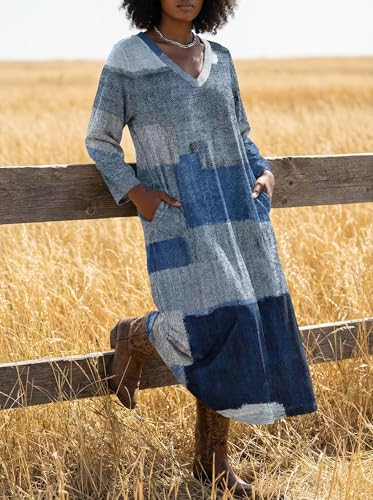 Image of SUZONANA Plus Size Denim Print Maxi Dresses for Women Casual V Neck Short Sleeve with Pockets Soft Jean Look Dress XL-6XL