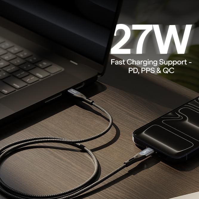 Image of boAt Type C to Lighting Cable for 27W Fast Charging | 480 Mbps Data Transfer | 1.2 m (3.9 ft) Perfect Cable Length | Premium Nylon Braiding | Durable & Tangle-Free | with Silicon Tie (Carbon Black)
