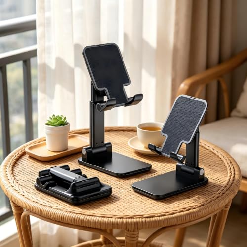 Foldable Phone Stand for Desk,Adjustable Angle of View,Portable Electronic Device Stand,Mobile Phone Universal,Black