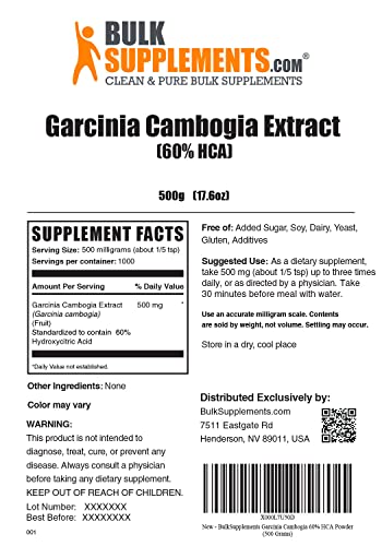 Bulksupplements.com Garcinia Cambogia Extract Powder (60% Hca) - Herbal Extract Supplement, Pure Garcinia Cambogia - Gluten Free Powder - 500Mg Per Serving (500 Grams - 1.1 Lbs) #TOP1