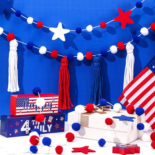 Image of Jansun 4 Pack 26.3 Ft 4th of July Patriotic Red Blue White Stars Banner | Tassel Pom Pom Red Blue White Star Garland, for Independence Day Veterans Party, Memorial Day Birthday Hanging Decorations