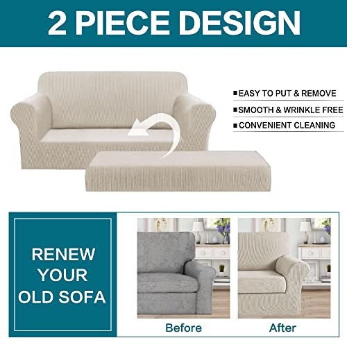 Image of Turquoize Stretch Sofa Slipcover 2 Pieces Sofa Cover Couch Cover for 2 Cushion Couch Washable Furniture Protector Covers with Elastic Bottom Feature Thick Jacquard Fabric (Loveseat, Island Fossi)