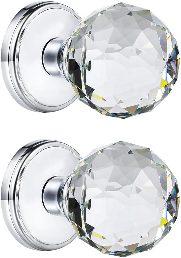 2 Pack Crystal Glass Dummy Door Knobs, Round Half-Dummy Door Knob for Hall Closet, Polished Chrome Dummy 2 Pack Polished Chrome