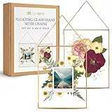 Beedecor Double Glass Frame for Pressed Flowers, Leaf and Artwork - Set of 2 Hanging Picture Frames, Tempered Glass Floating Pressed Flower Frames, Large Rectangular Wall Decor Photo Display, Clear Metal Glass Frames with Chain (8x10, Gold)