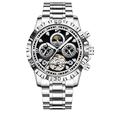 Poedagar Luxuriöse Herrenuhr, mechanisch, wasserdicht, hohl, Tourbillon, automatisches Skelett, Edelstahl, Business-Herrenuhren, silber, schwarz
