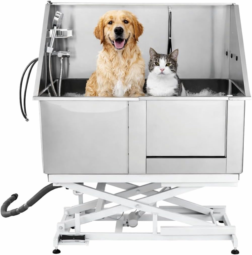 Stainless Steel Dog Washing Station with Shower, Floor Grates, Storage, Professional Pet Grooming Bathtub