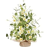 TURNMEON Summer Decor, 22 Inch Artificial Tabletop Tree with White Daisy Eucalyptus Lavender Silk Floral, 20 LED Warm Light, Linen Base Timer - Easy DIY Home Decor for Party, Holiday, Table Bedroom
