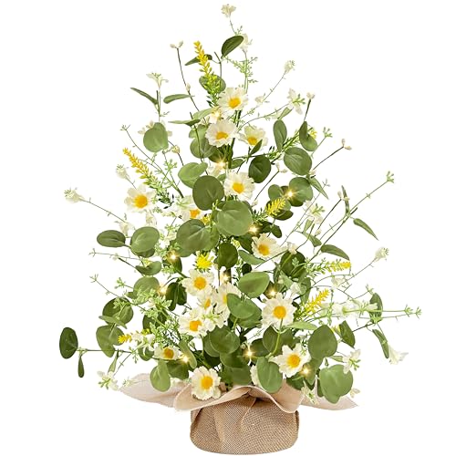 TURNMEON Summer Decor, 22 Inch Artificial Tabletop Tree with White Daisy Eucalyptus Lavender Silk Floral, 20 LED Warm Light, Linen Base Timer - Easy DIY Home Decor for Party, Holiday, Table Bedroom