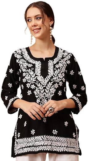 Ada Women's Muslin Straight Fit Tunic Hand Embroidered Lucknowi Chikankari Straight Top Short Kurti A911420