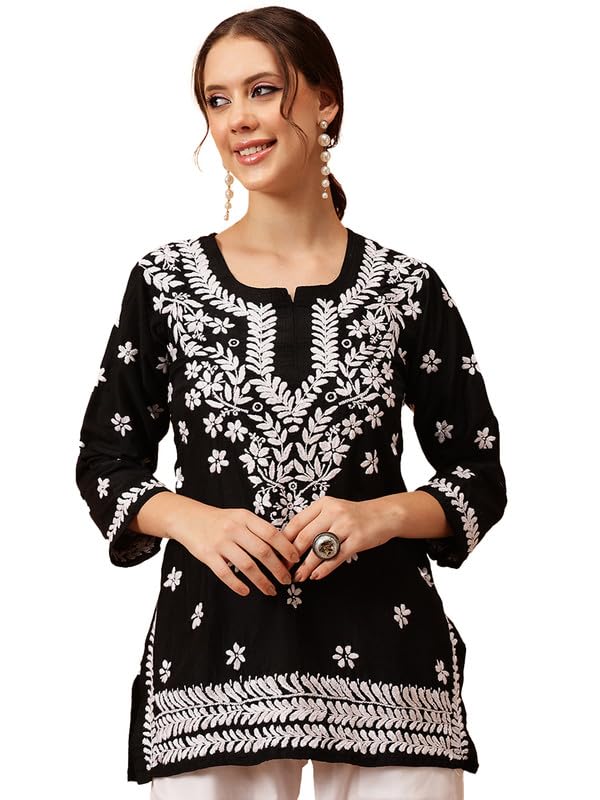 Image of Ada Women's Muslin Straight Fit Tunic Hand Embroidered Lucknowi Chikankari Straight Top Short Kurti A911420