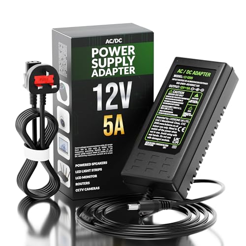 DC VOLTAGE 12V 5A 5.5mm x 2.1mm Power Adapter AC Power Supply Cord AC 100-240V to DC 12V 5A Power Cable Transformer Wall Charger Replacement UK Plug for LED Lights, Computer Project