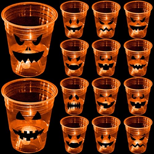 mishunyus 24 Pcs Halloween Glow Pumpkin Party Cups, Night Party Decoration & for Adults, Trick or Treat Happy Halloween Cups, Orange Plastic Cups Supplies Tableware (16 oz)