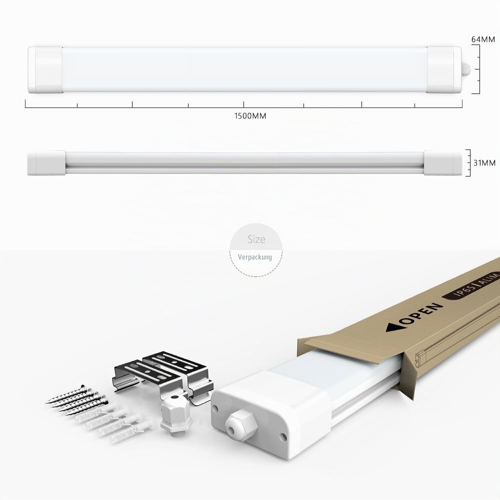 ANTENLICHT LED Feuchtraumleuchte 150CM mit 45W 4950Lumen in Kaltweiß 6000K, Ultraslim Deckenleucht Wasserfest IP65 Verknüpfbar - Kellerleuchte, Wannenleuchte für Büro Keller Garage und Feuchtraum
