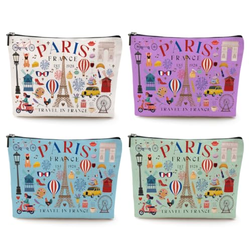 4pcs Funny Paris Travel Gifts for Women Makeup Bag France Paris Lovers Gift Birthday Mothers Day Anniversary Cosmetic Bag Toiletry Bags Travel Essentials Friendship Gifts for Girls Teacher Travelers