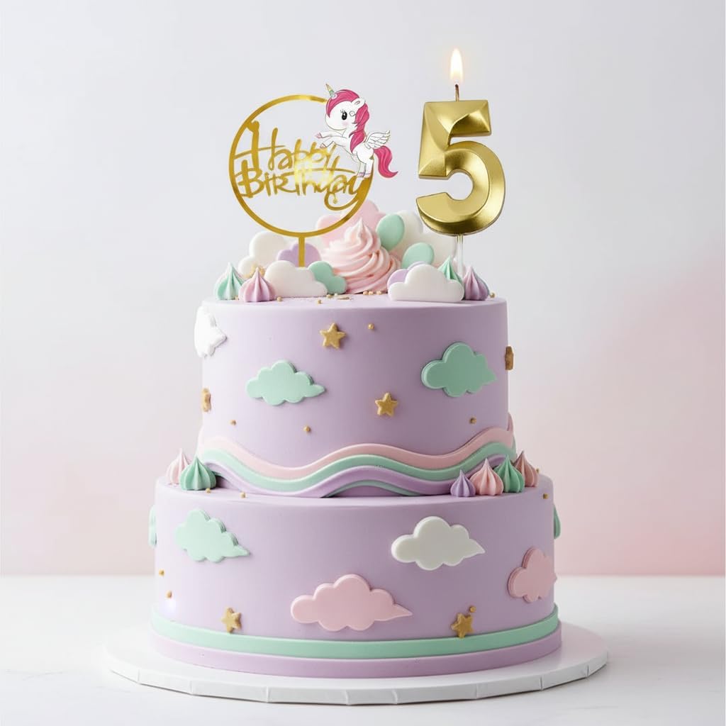 Number 5 Candle & Unicorn Cake Topper Set | Gold Metallic 5th Birthday Party Decorations for Girls | Unicorn Theme Party Supplies