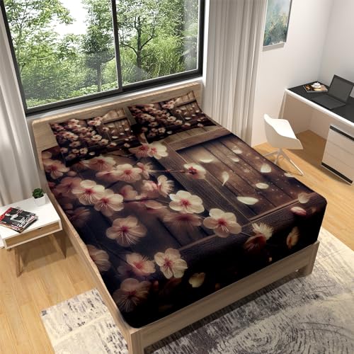 Spannbettlaken 90x200cm Japanische Holzmaserungsblumen Braun Spannbetttuch Weiche Atmungsaktiv Hypoallergen Microfaser mit 2 Kissenbezug, Spannbetttücher Zur Kinderzimmerdekoration