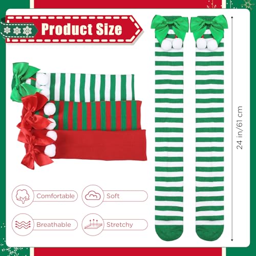 Image of Coume 3 Sets Christmas Knee Thigh High Socks Arm Warmer Fingerless Gloves Xmas Striped Thigh High Stockings for Women Cosplay Party